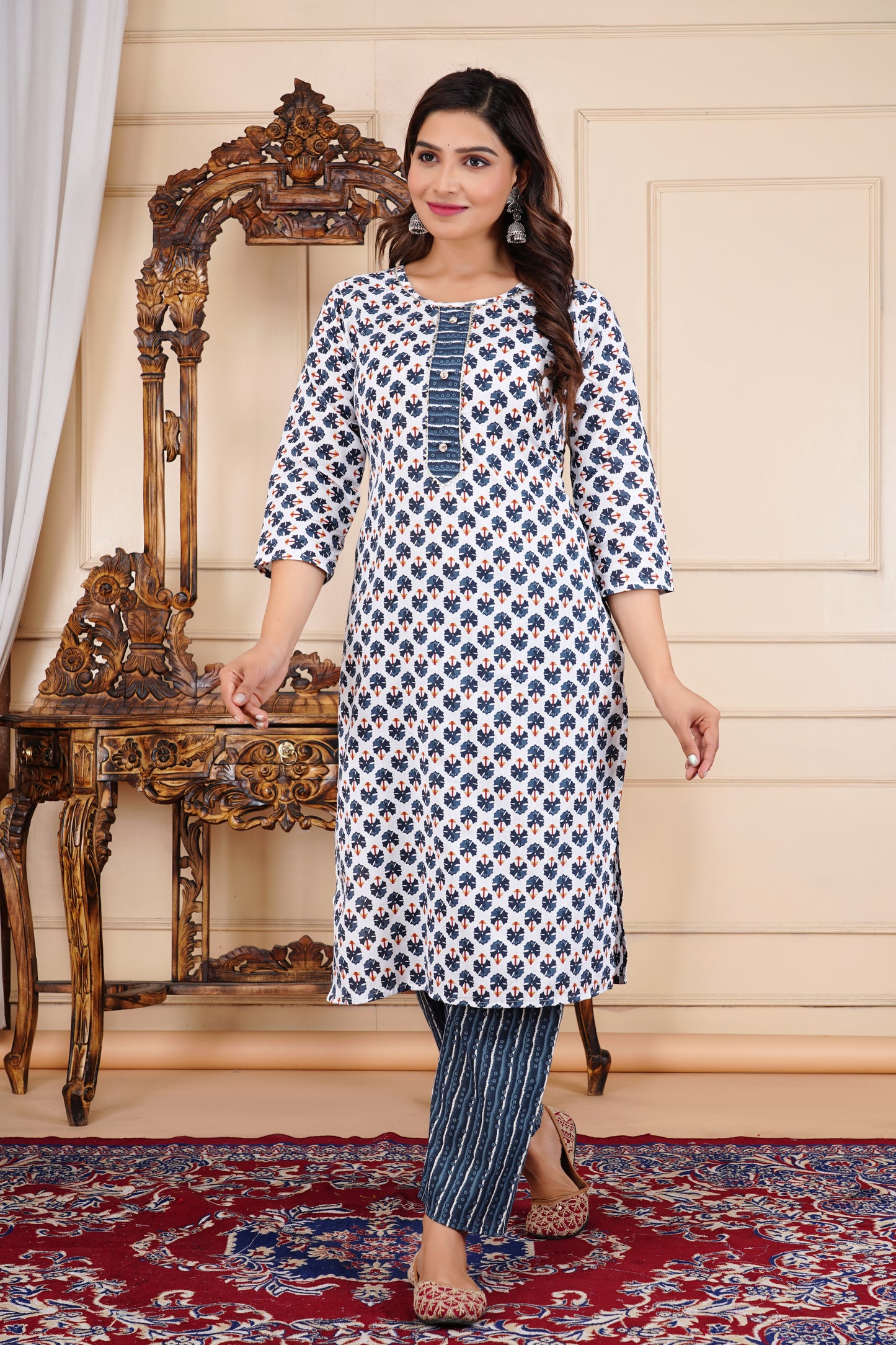 Blue Leaf Printed Kurta Pant Set