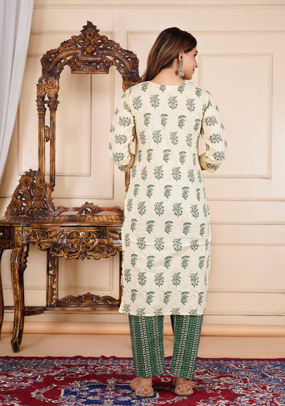 Leaf Printed Cotton Kurta Pant Set With Dupatta