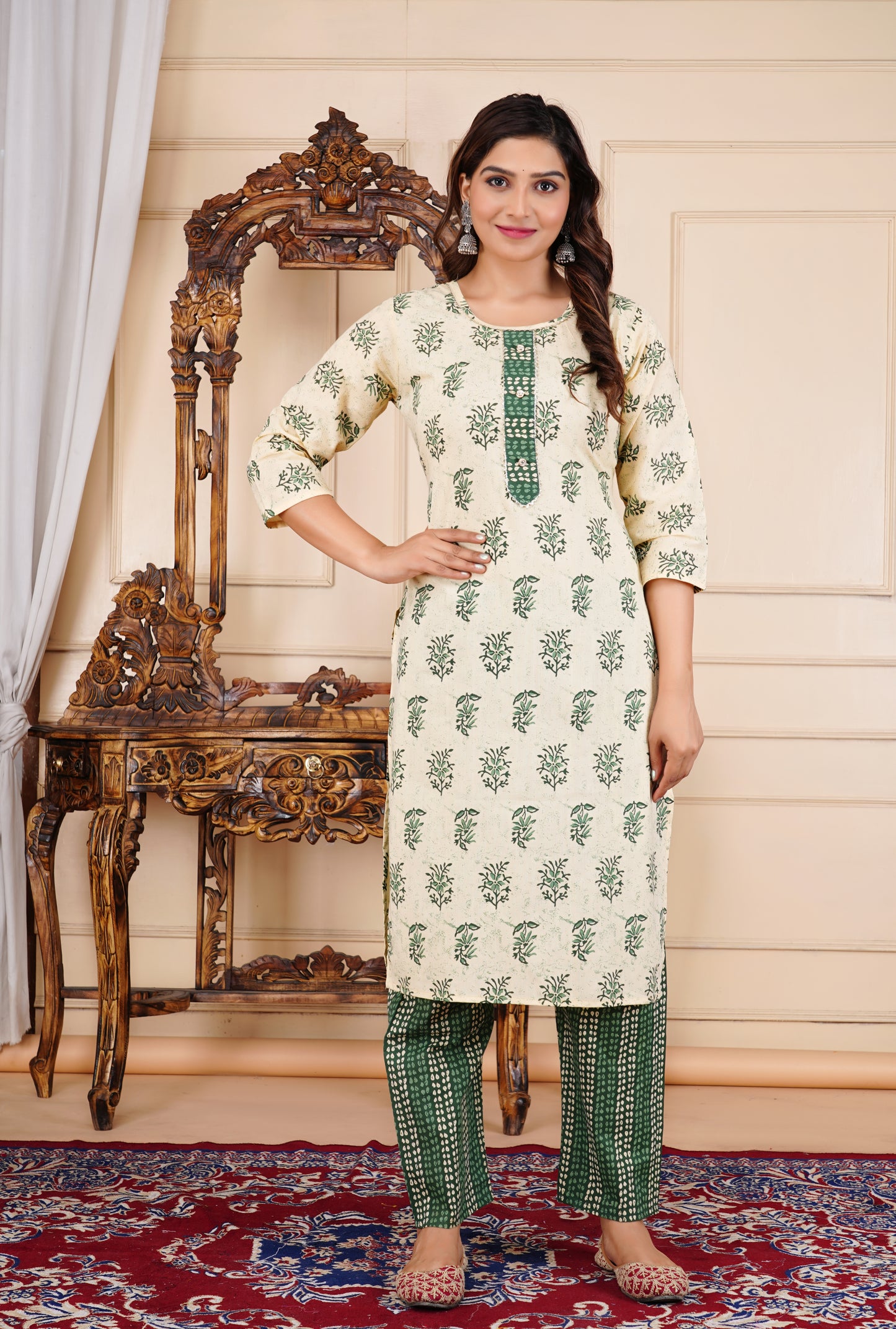 Leaf Printed Cotton Kurta Pant Set With Dupatta