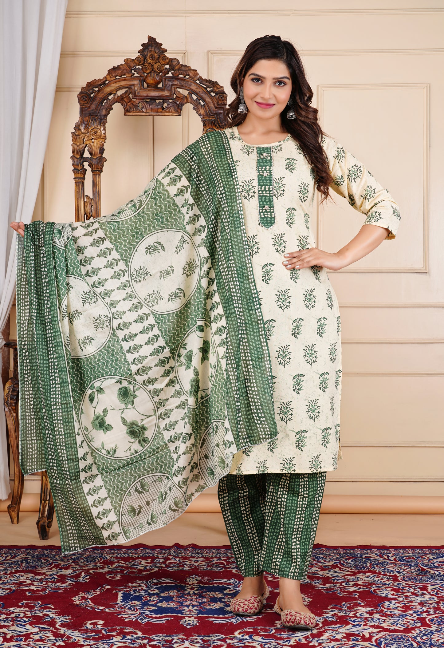 Leaf Printed Cotton Kurta Pant Set With Dupatta