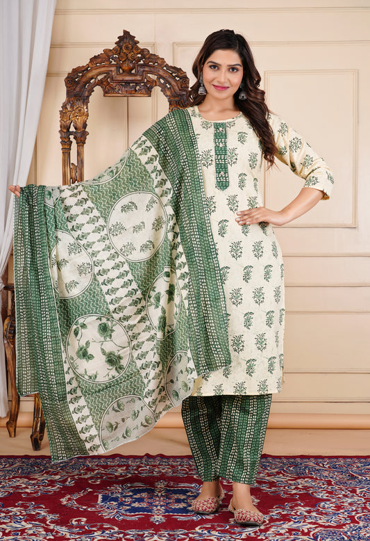 Leaf Printed Cotton Kurta Pant Set With Dupatta