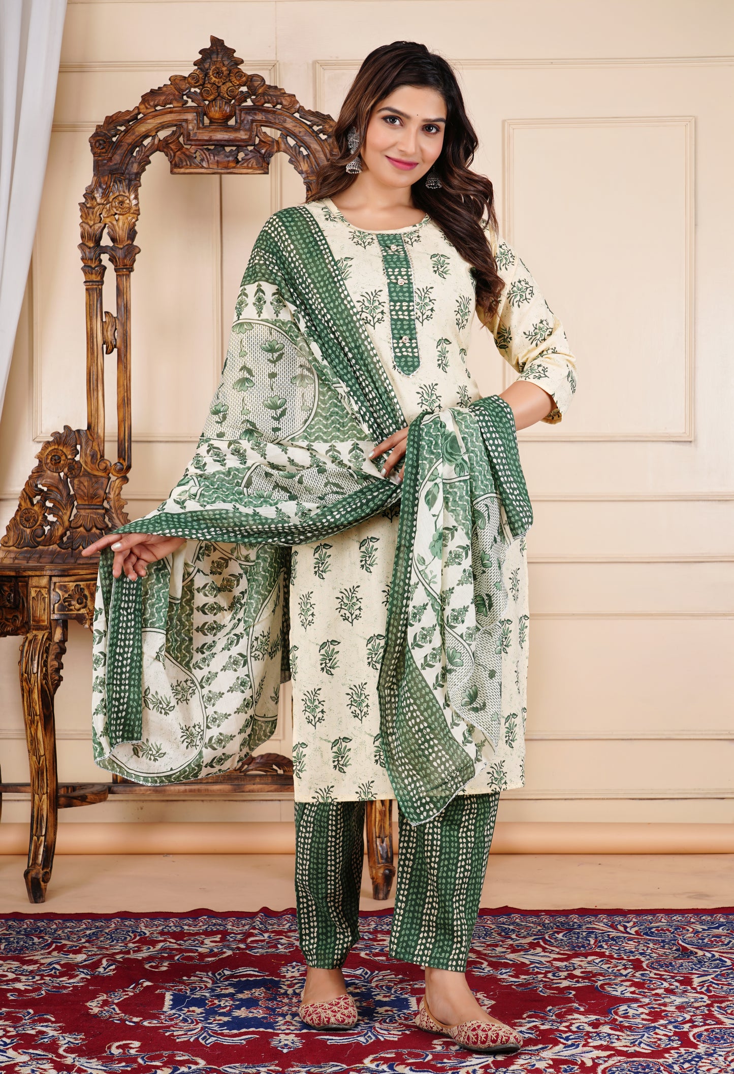 Leaf Printed Cotton Kurta Pant Set With Dupatta