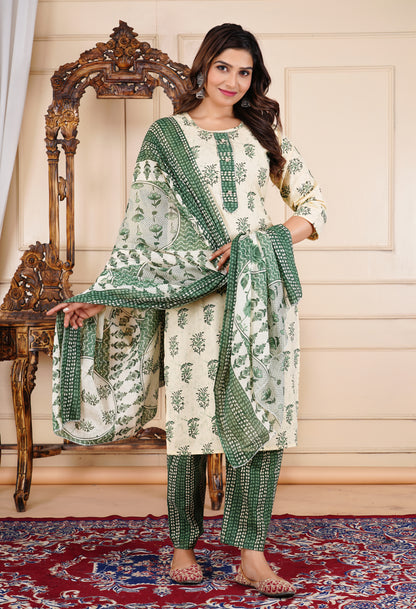 Leaf Printed Cotton Kurta Pant Set With Dupatta