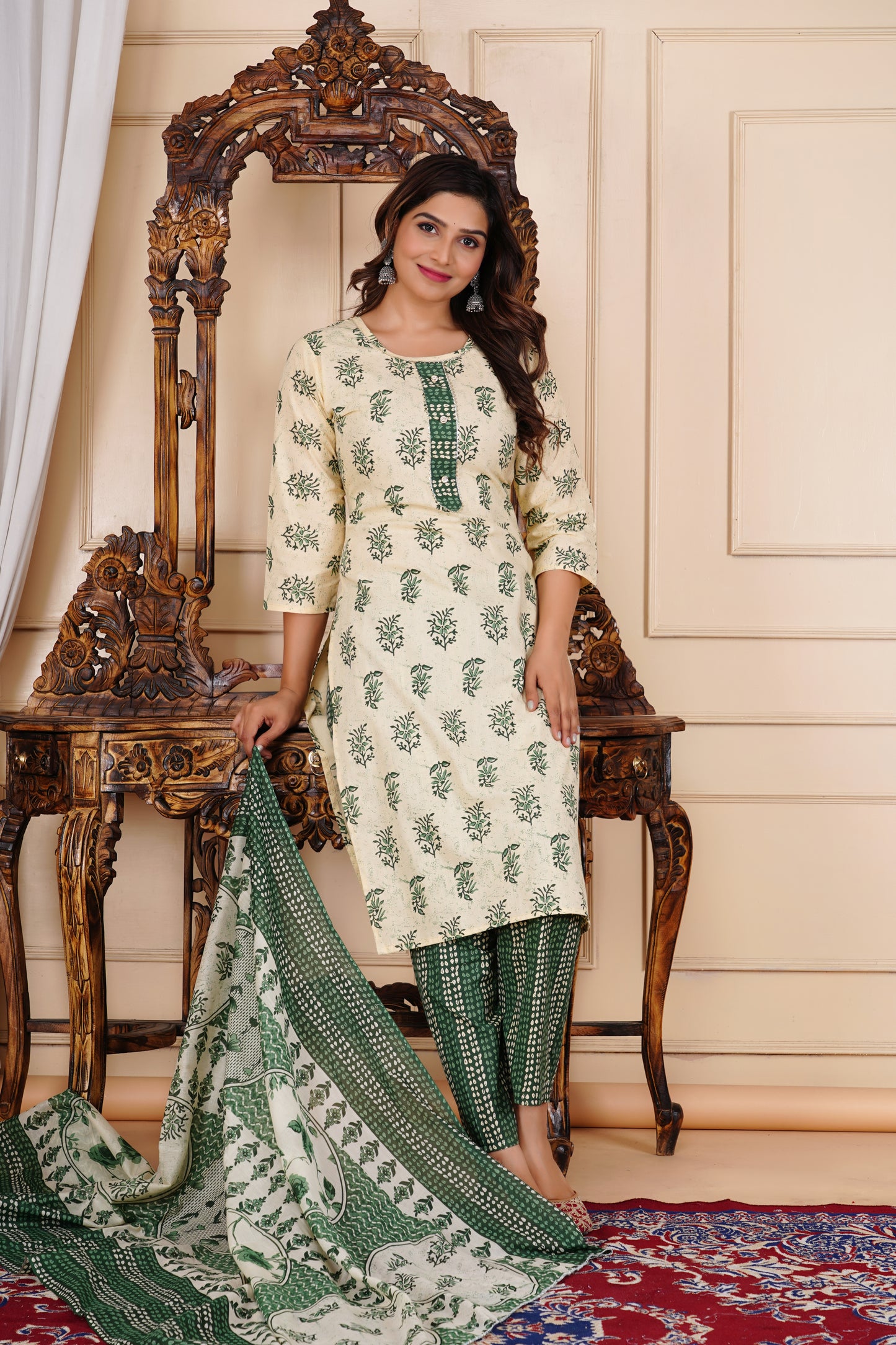 Leaf Printed Cotton Kurta Pant Set With Dupatta