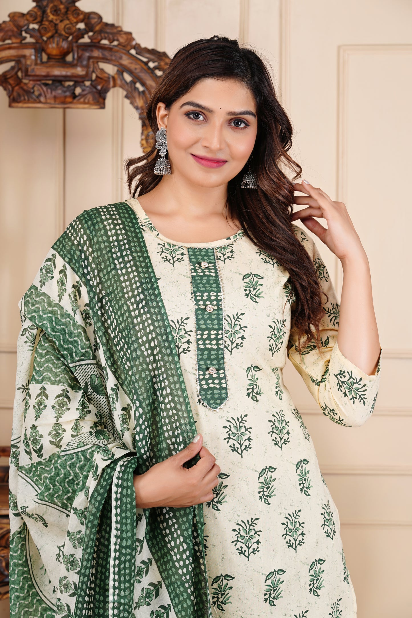 Leaf Printed Cotton Kurta Pant Set With Dupatta