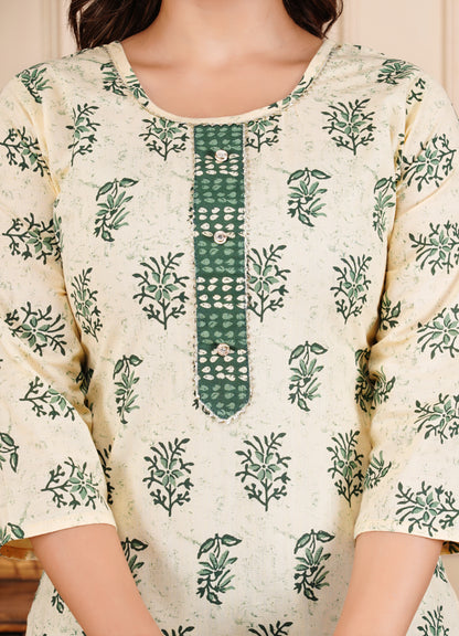 Leaf Printed Cotton Kurta Pant Set With Dupatta