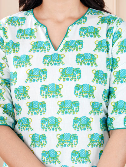 Elephant Printed Cotton Night Suit Set (With shorts)