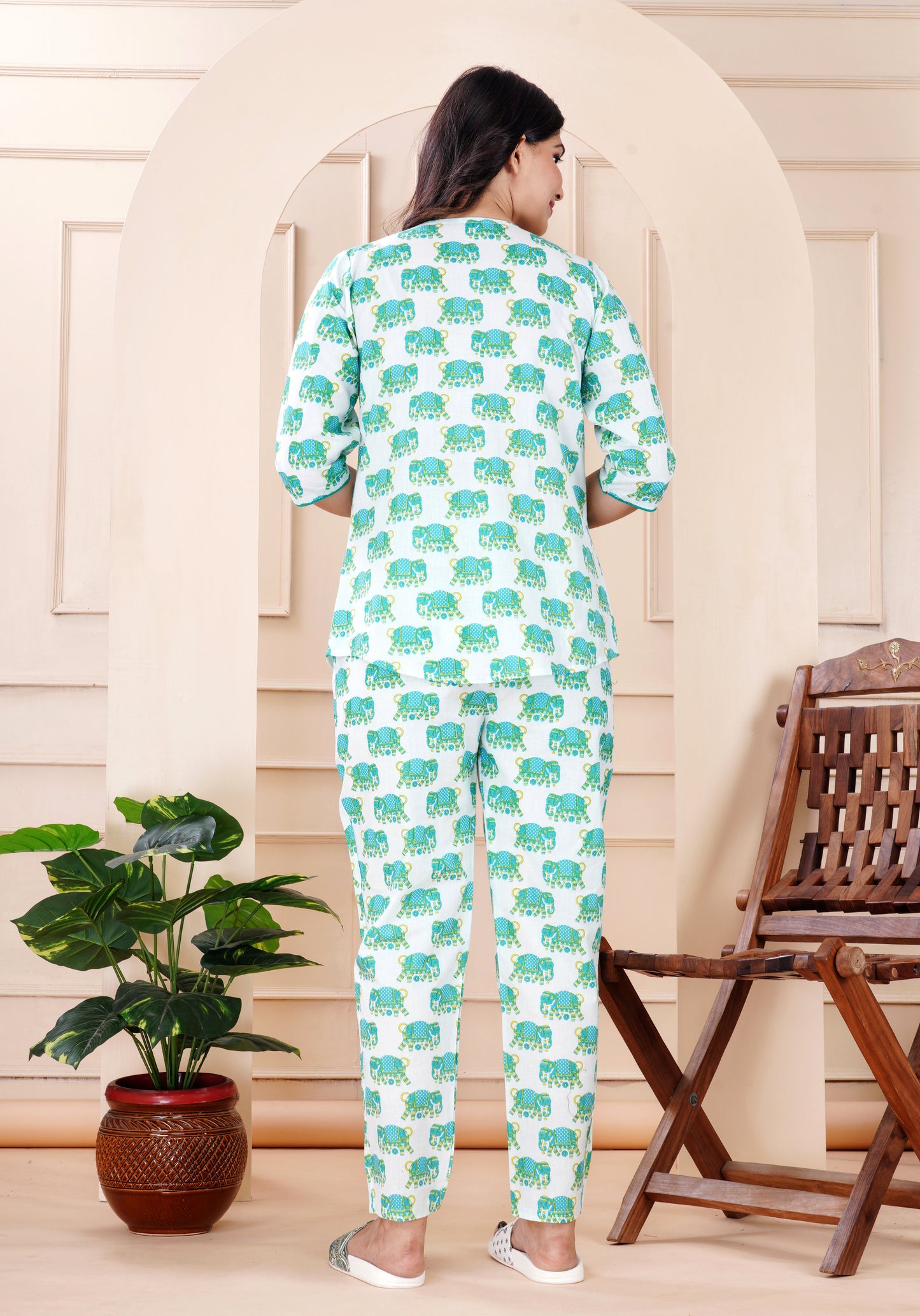 Elephant Printed Cotton Night Suit Set (With Pant)
