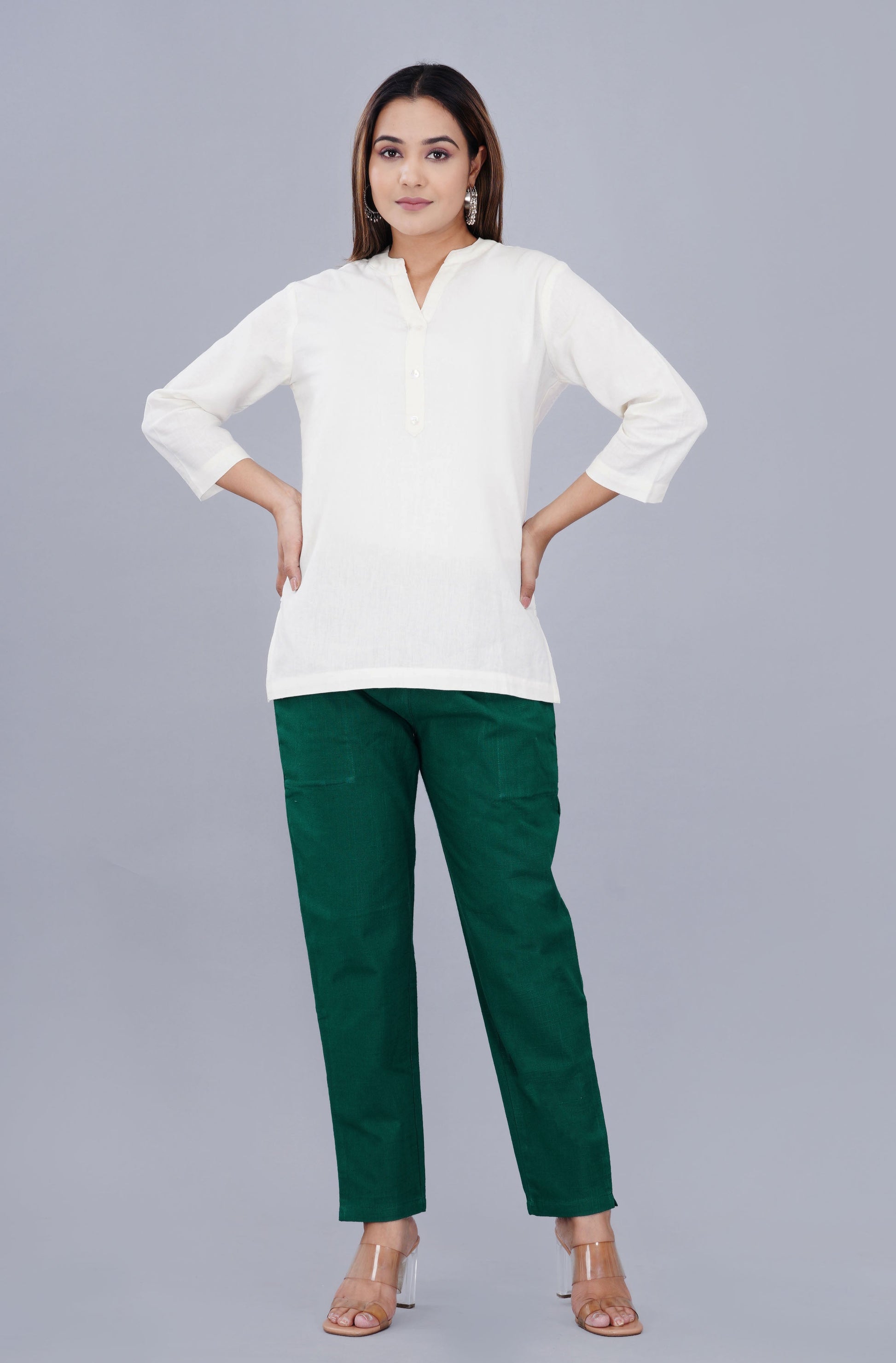 NATURAL WHITE LINEN SHORT KURTA - SAFED DHAGA 