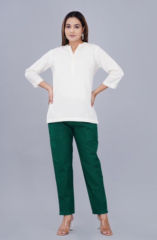 NATURAL WHITE LINEN SHORT KURTA - SAFED DHAGA 