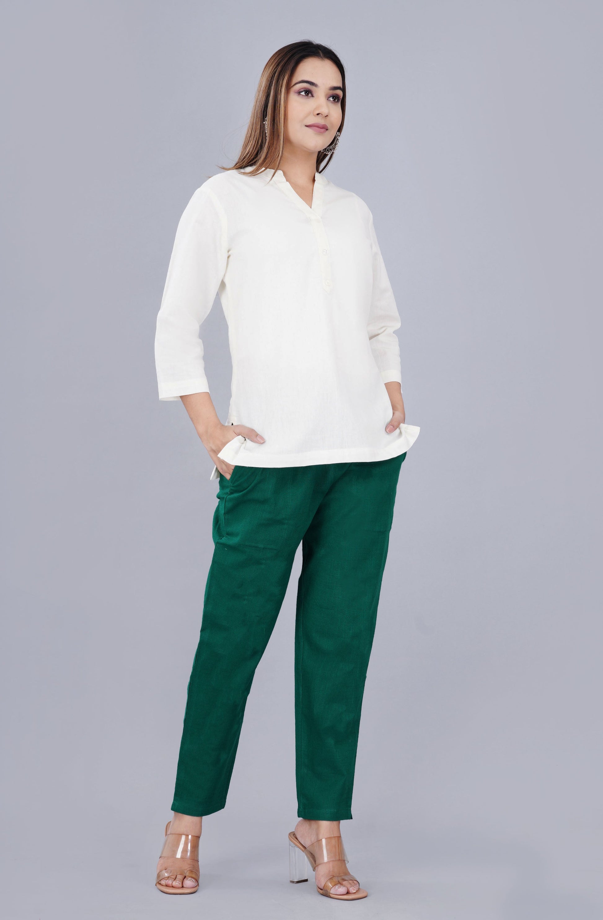 NATURAL WHITE LINEN SHORT KURTA - SAFED DHAGA 
