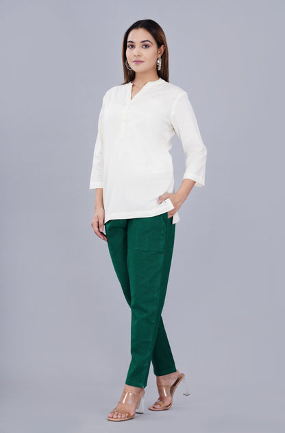 NATURAL WHITE LINEN SHORT KURTA - SAFED DHAGA 