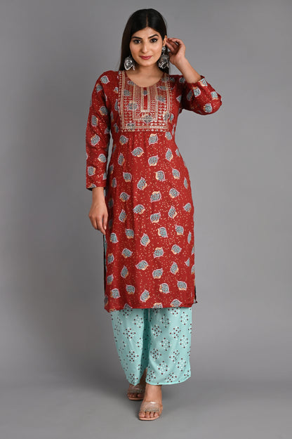 Rayon Flower Printed Kurta Pant Set