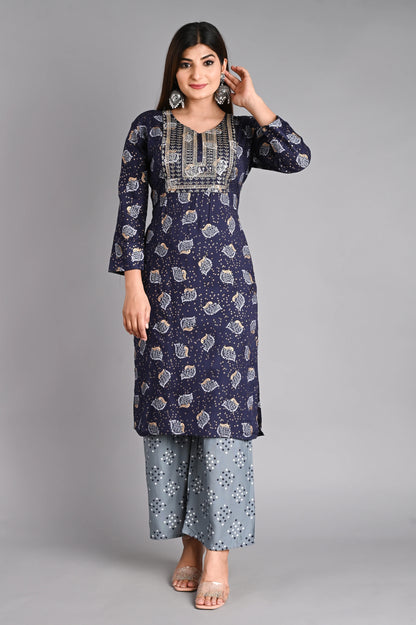 Rayon Flower Printed Kurta Pant Set