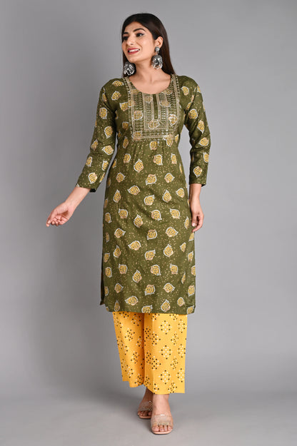 Rayon Flower Printed Kurta Pant Set