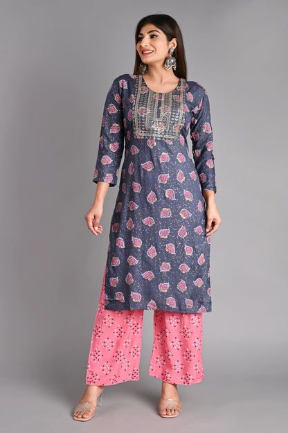 Rayon Flower Printed Kurta Pant Set