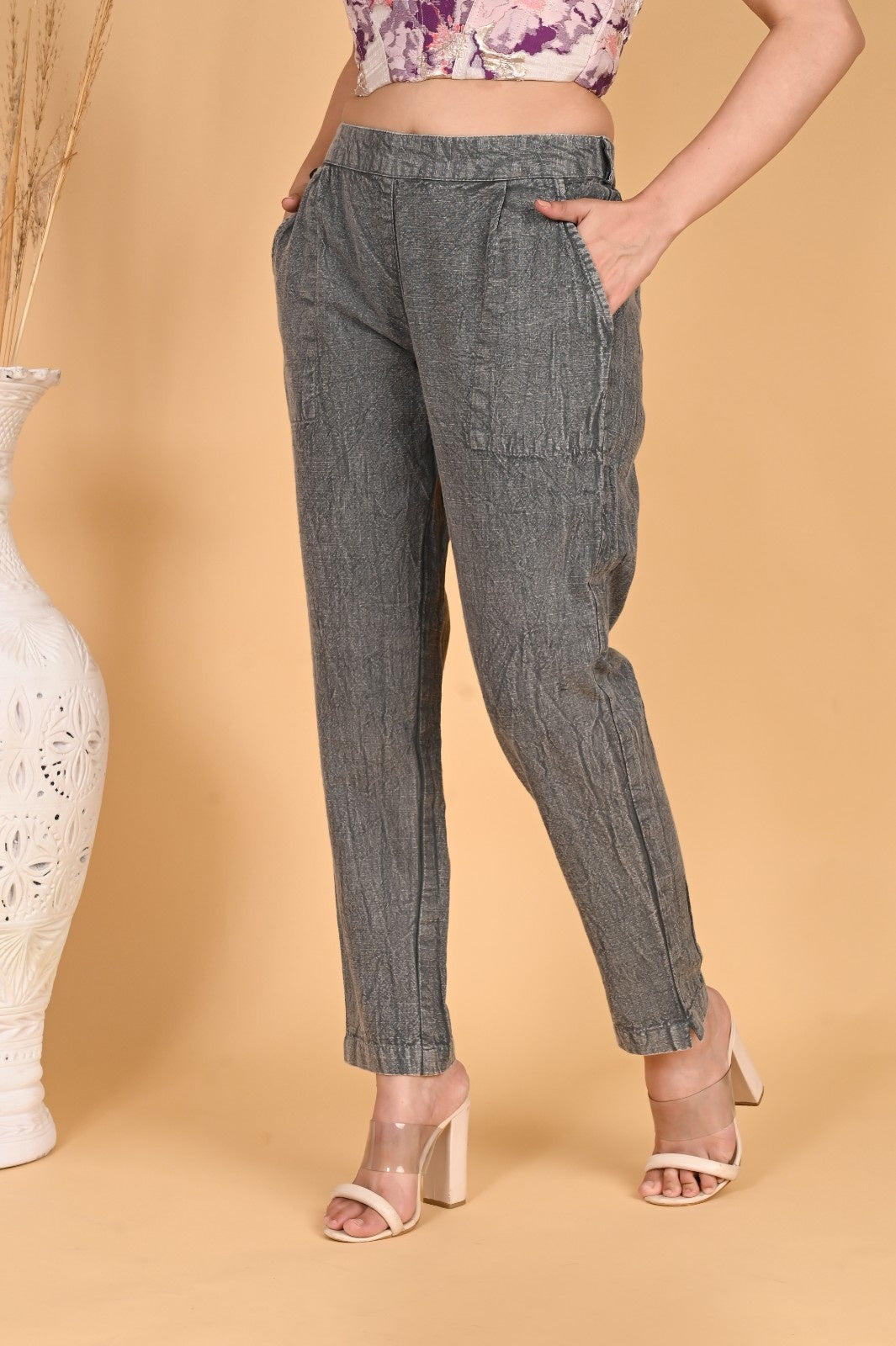 GREY DENIM COTTON PANTS - SAFED DHAGA 