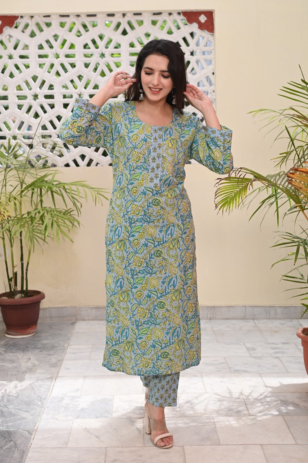 LEAF PRINTED COTTON KURTA PANT SET