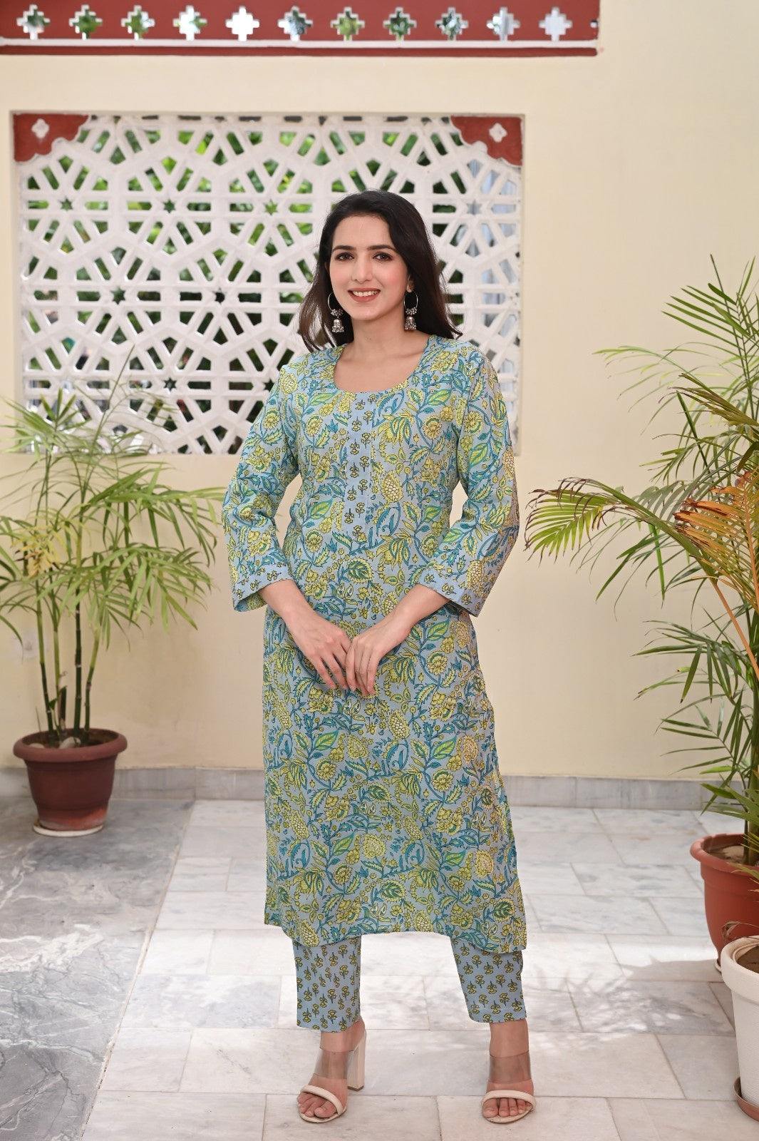 LEAF PRINTED COTTON KURTA PANT SET