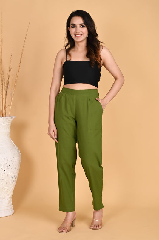 OLIVE GREEN CLASSIC COTTON PANTS - SAFED DHAGA 