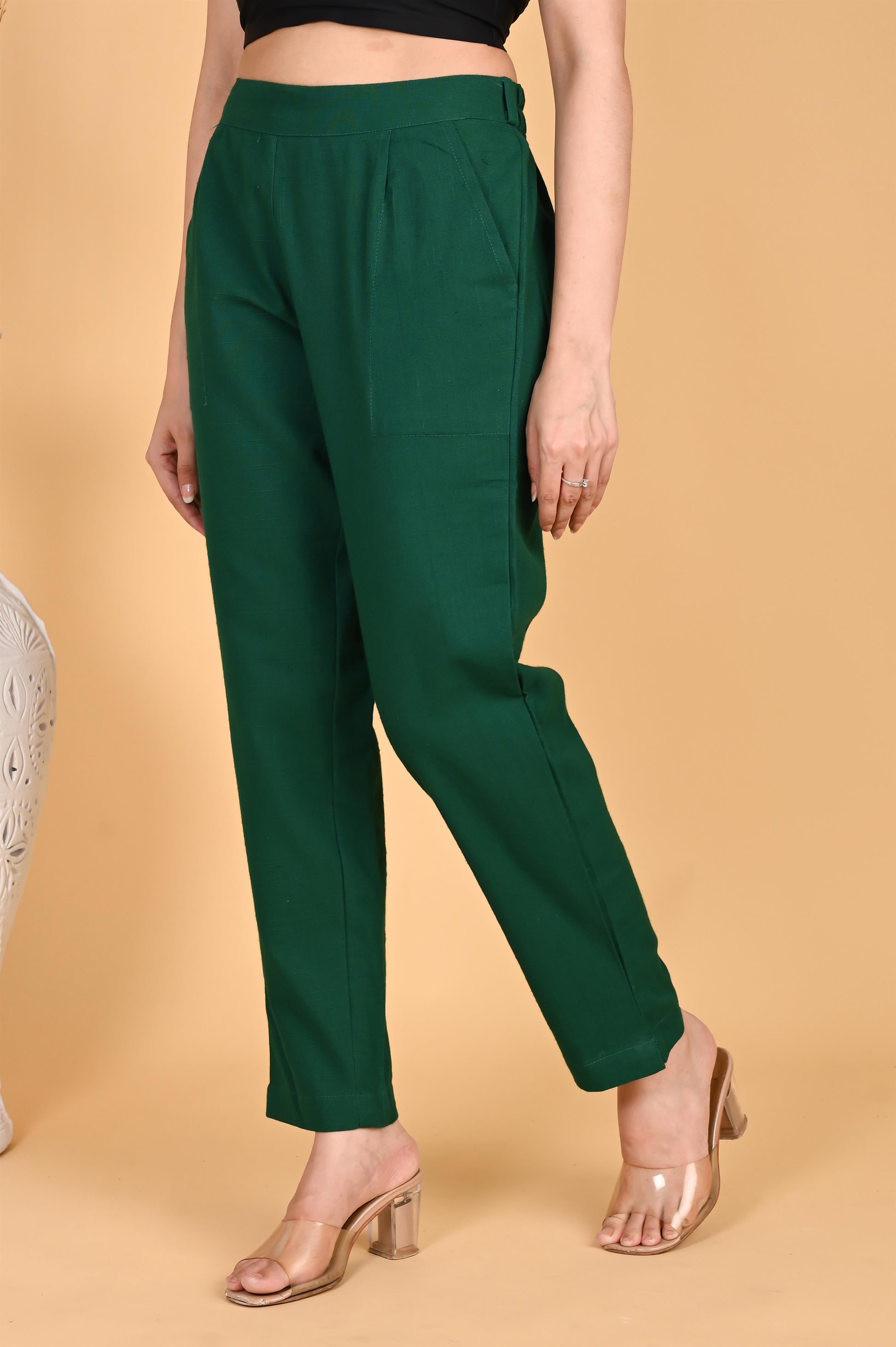 BOTTLE GREEN CLASSIC COTTON PANTS - SAFED DHAGA 