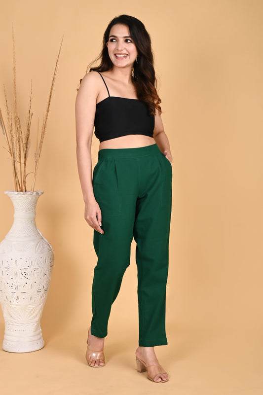 BOTTLE GREEN CLASSIC COTTON PANTS - SAFED DHAGA 