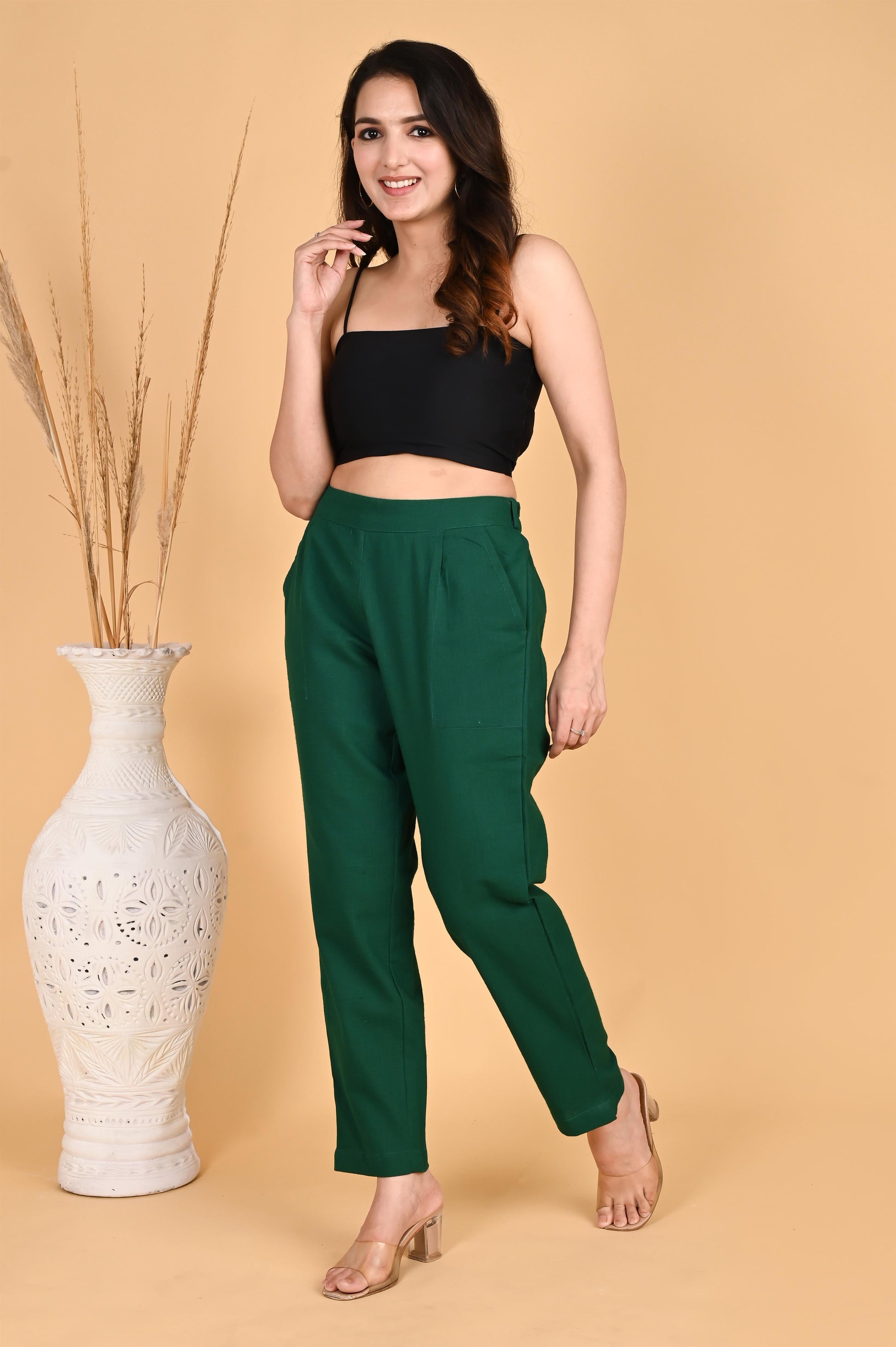 BOTTLE GREEN CLASSIC COTTON PANTS - SAFED DHAGA 
