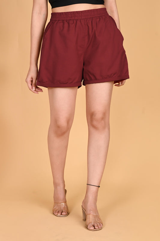 MAROON LINEN SHORTS - SAFED DHAGA 