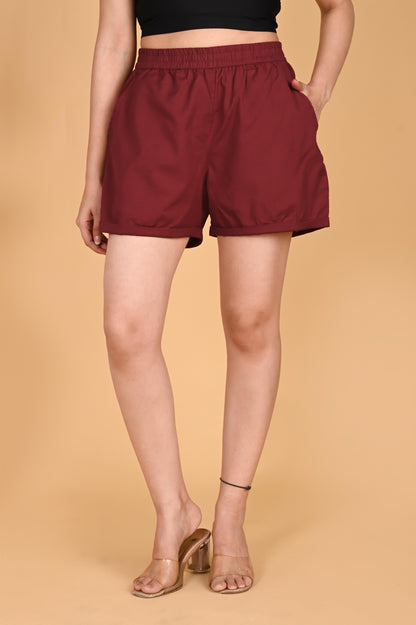 MAROON LINEN SHORTS - SAFED DHAGA 