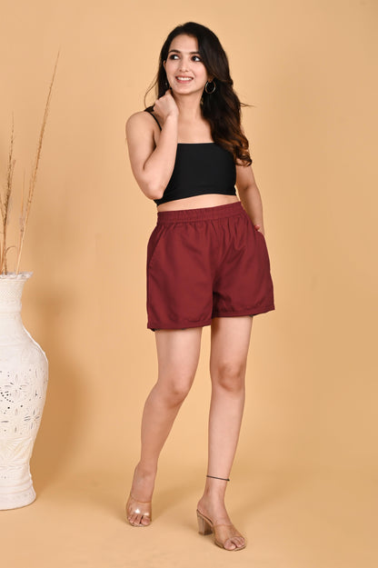 MAROON LINEN SHORTS - SAFED DHAGA 