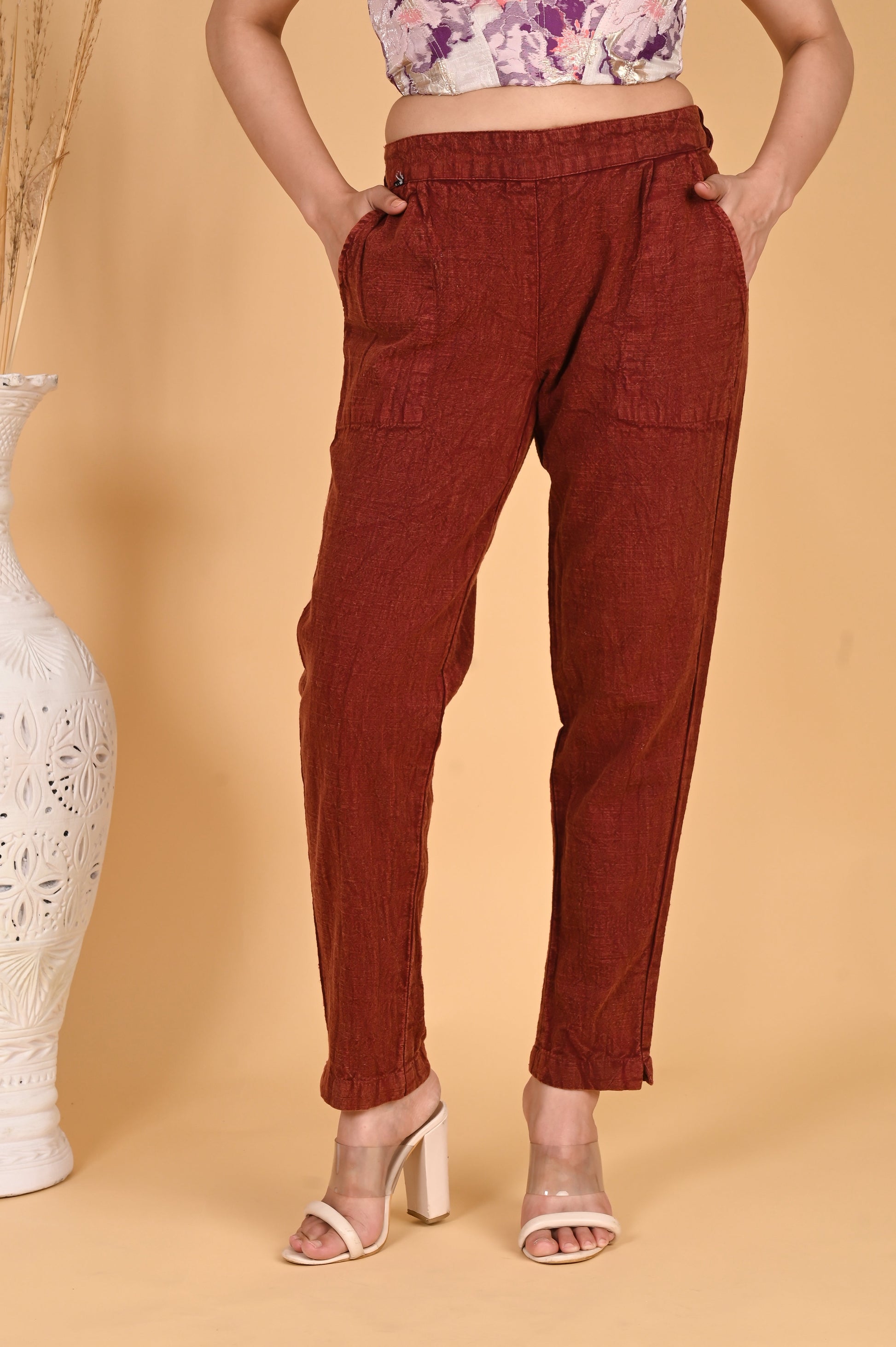 MAROON DENIM COTTON PANTS - SAFED DHAGA 